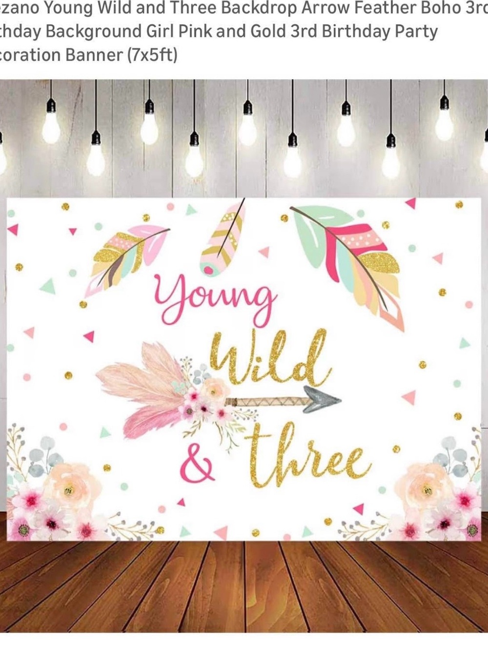 Young Wild & Three 3rd Birthday Backdrop Pink Gold Boho Girl Party 7x5